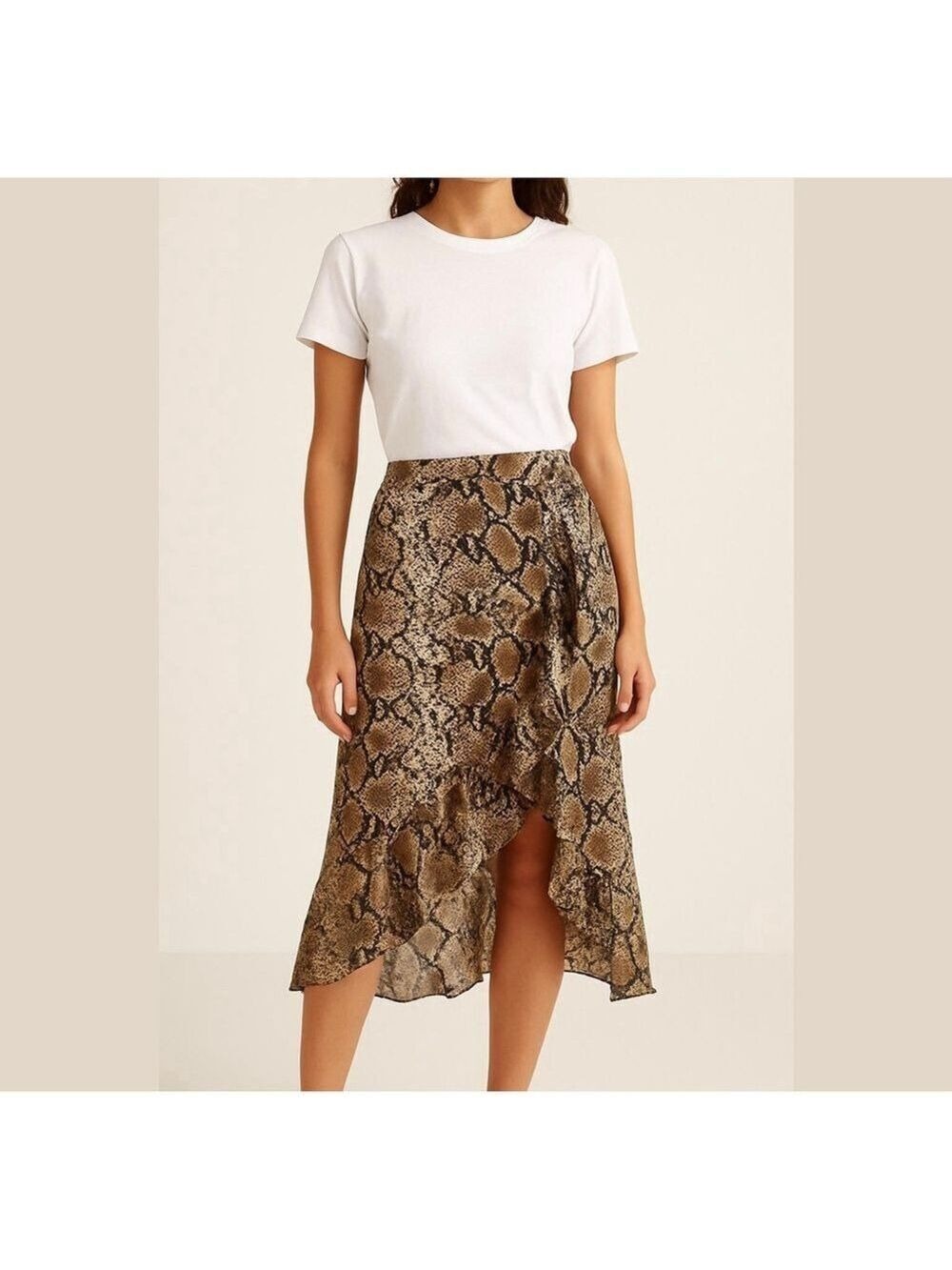 NWT CODE X MODE Womens Snakeskin High-Low Ruffle Skirt Beige Size XS